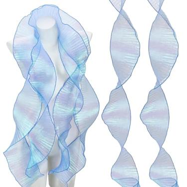 Imagem de letsinstyle Fita de chiffon azul iridescente de 14 metros, fita de organza plissada de 14 cm, acabamento de folha de lótus gradiente, acabamento de renda de poliéster para decoração de artesanato e