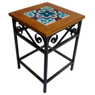 Imagem de Banco Rústico em Ferro e Madeira Maciça com Ladrilho Hidráulico – Banco Artesanal Decorativo Estilo Industrial para Cozinha, Sala e Área Gourmet (6, A2)