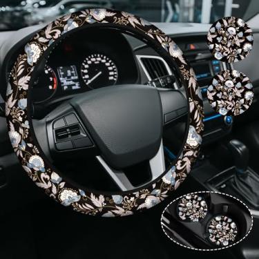 Imagem de Capa de volante Boho Paisley Flower para mulheres, antiderrapante de neoprene de alta elasticidade, acessórios de carro, capas de volante, universal, 38 cm para carros, SUVS, inclui 2 porta-copos de