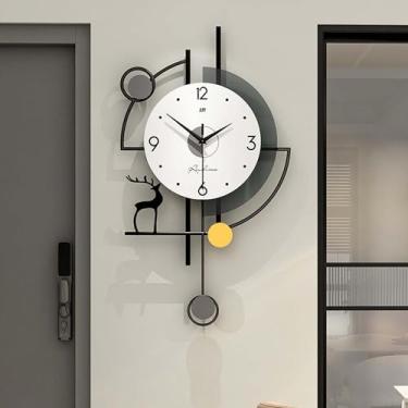 Imagem de WHLBD Relógio de parede grande de metal, decoração de sala de estar, relógios de parede com pêndulo de 61 cm, decoração silenciosa, operado por bateria, médio