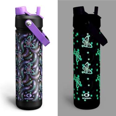 Imagem de ENCOOL Garrafa de água isolada com garrafa de água de aço inoxidável com palha, brilha no escuro, à prova de vazamento, livre de BPA, mantém frio por 24 horas para esportes, viagens, escola (737 g