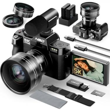 Imagem de NBD Câmeras digitais 5K para fotografia, câmera fotográfica de 64 MP, câmeras de vlogging de viagem para YouTube com tela flip de 180°, zoom digital de 16x, lente macro de 52 mm, 2 baterias, cartão TF