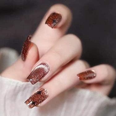 Imagem de AHAMIOU Kit de esmalte de gel Crystal Cat Eye Conjunto de esmalte magnético para unhas holográfico para olhos de gato esmalte de diamante brilhante com bastão magnético (marrom açúcar)