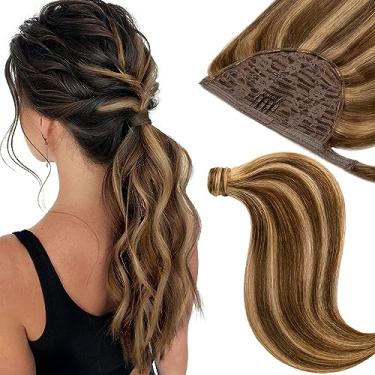Imagem de Extensões de cabelo rabo de cavalo liso cabelo humano Loxxy 35 cm 75 g chocolate marrom misturado com cabelo loiro morango rabo de cavalo pedaço de cabelo sedoso natural P4/27