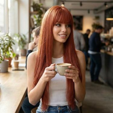 Imagem de Perucas femininas longas lisas com franja de cabelo humano de 83 cm para mulheres prontas para usar 200% densidade laranja