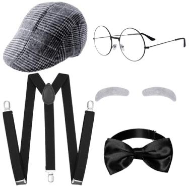 Imagem de YKYUASD Fantasia de velho 100 dias de escola com chapéu, óculos, suspensórios, gravata borboleta, acessórios de fantasia de vovô dos anos 20 para cosplay de Halloween