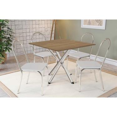 Imagem de Conjunto: Mesa Sala Jantar Volga C- Tampo De Madeira 90cm E 4 Cadeiras Noruega Cromado-nogueira - Branco - Kappesberg