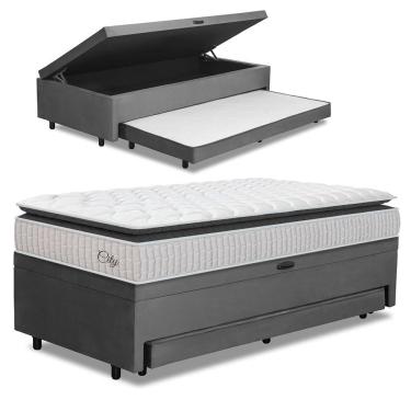 Imagem de Cama Bibox Baú Com Colchão City Solteiro E Cama Auxiliar Conjugada 88x188x69cm Bela Cinza/branco