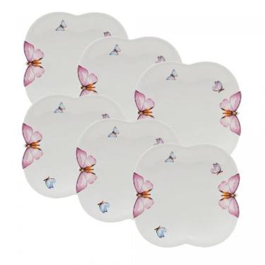 Imagem de Conjunto 6 Pratos para Sobremesa em Porcelana Borboletas 19cm Wolff