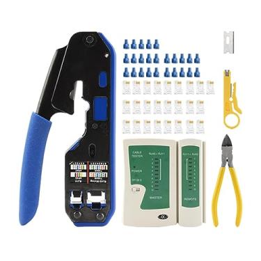 Imagem de CIADAZ Kit de ferramentas de crimpagem RJ45, RJ-11, 6P/RJ-12, 8P/RJ-45 Ferramenta de crimpagem, corte e tira com 25 conectores RJ45 CAT5 CAT5e, 20 tampas, 1 testador de cabo de rede e 1 descascador de