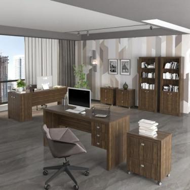 Imagem de Conjunto Home Office 2 Escrivaninhas, 2 Estantes, 3 Gaveteiros e 1 Balcão Tecno Mobili Nogal