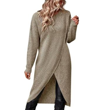 Imagem de Vestido feminino outono inverno cor sólida gola redonda manga longa tricotada fundo quente vestido suéter, Cáqui, M