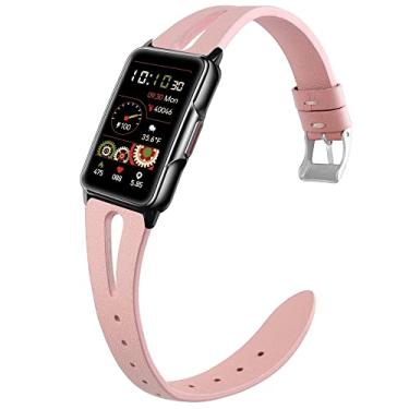 Imagem de Lamshaw Pulseira de relógio inteligente compatível com Mindrose, pulseira de couro vintage fina de substituição para mulheres, homens, acessórios de pulseira compatíveis com relógio inteligente Mindrose H80 de 1,45 polegadas rastreador de atividades (rosa)