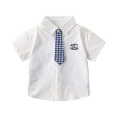 Imagem de Yueary Camisa de botão de manga curta para meninos pequenos com estampa de bebê tie Toddle camiseta casual verão 2024, Branco, 130/5-6 Y