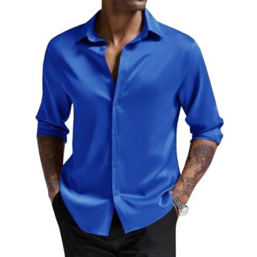 Imagem de Runcati Camisa social masculina de cetim de seda de manga comprida com botões de luxo para festas de negócios, Azul royal, GG