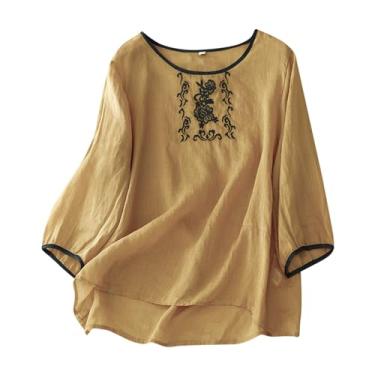 Imagem de Camisas de linho para mulheres, algodão, linho, manga curta, verão, solta, gola redonda, casual, boho, blusa bordada vintage, D#_amarelo, XXG