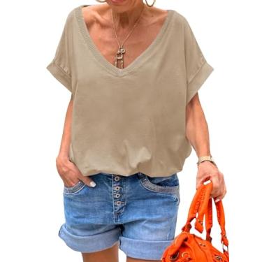 Imagem de Tankaneo Camisetas femininas com gola V profunda, casual, verão, caimento solto, manga curta, Caqui, GG