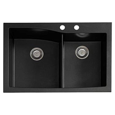 Imagem de Transolid Pia de cozinha deslocada dupla montagem dupla dupla GTDW3322-09-AB Genova SilQ granito 2 orifícios, 83,8 cm C x 52 cm L x 10 cm A, preta