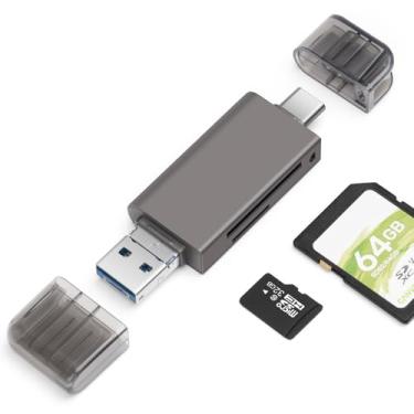 Imagem de Leitor de cartão de memória SD/Micro SD, leitor de cartão de memória 3 em 1 BorlterClamp com adaptador USB C Micro-USB OTG compatível com PC, laptop, MacBook, smartphone (cinza escuro)