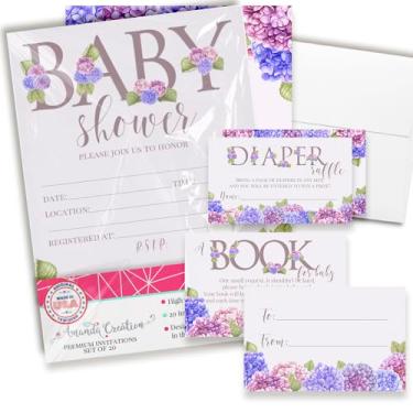 Imagem de Convites de chá de bebê para meninas – Pacote de convite floral para chá de bebê com ingressos de sorteio de fraldas, cartões de solicitação de livro e envelopes. Conjunto de 20 conjuntos de kits de