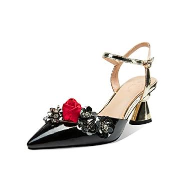 Imagem de TinaCus Sandália feminina de couro envernizado feita à mão com fivela de salto médio e decoração de flores, Preto, 7.5