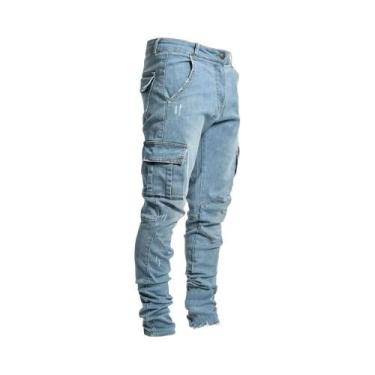 Imagem de Calça Cargo Jeans Masculina Slim Fit - Cintura Média, Vários Bolsos e 