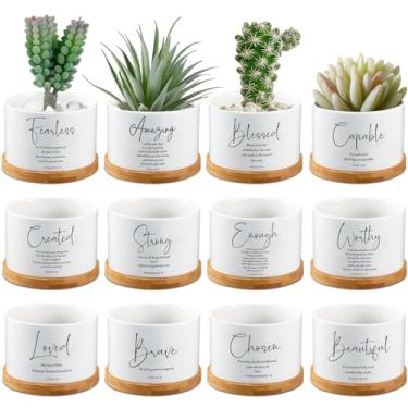 Imagem de Fumete 12 potes de suculentas com versículo bíblico com drenagem de bandeja de bambu de 7,5 cm, mini vaso de flores de cerâmica, presentes cristãos para mulheres, professoras de escola dominical