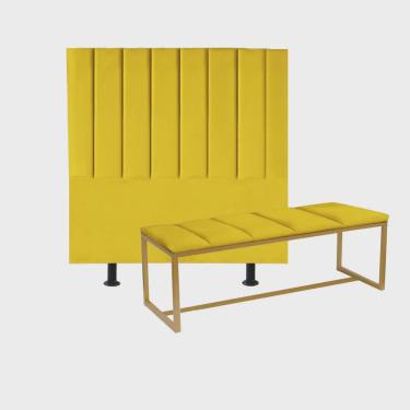 Imagem de Kit Cabeceira Carla e Recamier Industrial 160cm Queen Size Box Ferro Dourado Corino Amarelo - Ahz Móveis