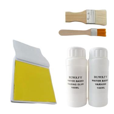 Imagem de Kit de Gilding Conjunto de 100 folhas de folha de metal Imirtation de 8 cm x 8 cm ou azul, verde, vermelho, prata com adesivo de cola dourada à base de água de 100 ml, verniz de 100 ml (amarelo)