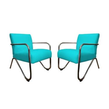 Imagem de Kit 2 Poltronas Decorativa Bela Suede Azul Turquesa Braço Cromado Mz D