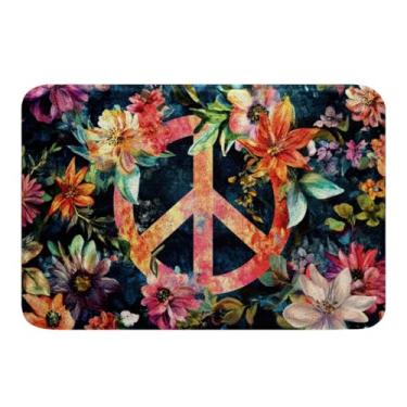 Imagem de Bohenmian Peace Capachos, crianças, meninos, meninas, sinal de paz, decoração boho, tapete de banho, flores vintage, hippie, tapetes de banheiro, 40,6 cm x 61 cm, tapete floral colorido hippie