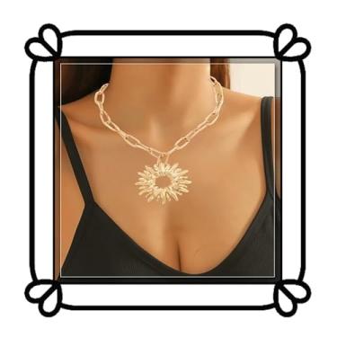 Imagem de DIONFEI Colar com pingente de girassol dourado vazado - Colar de corrente grossa de hip hop cubana - feminino