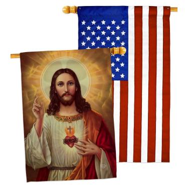 Imagem de Bandeira do Sagrado Coração de Jesus Bandeiras Americanas para Fora de Casa Banner Decoração de Parede Tela Religiosa Tapeçaria de Sala de Fé Dia dos Pais Decoração de Cemitério para Cemitério