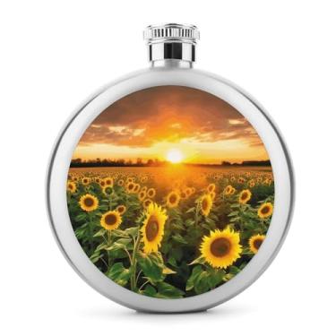Imagem de Cantil de aço inoxidável, girassol campo pôr do sol impressão garrafa de metal clássico garrafa de bolso garrafa anca garrafa de viagem garrafa portátil licor garrafa