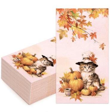 Imagem de WRAPAHOLIC 50 guardanapos para convidados de outono - 3 folhas caídas e guardanapos de papel descartáveis de gato para outono, artigos de mesa para festa de Ação de Graças - 19 x 11 cm