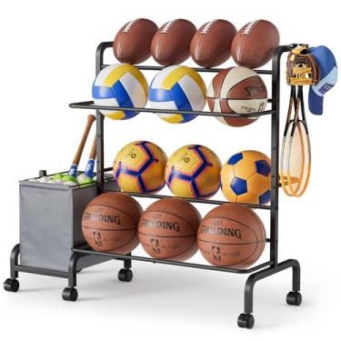 Imagem de Suporte de armazenamento de bolas, suporte de basquete ajustável com ganchos de cesto de bola, carrinho de bola ao ar livre com rodas para futebol, tênis, beisebol, organizador de equipamentos