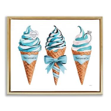 Imagem de Stupell Industries Design de arte de parede em tela flutuante de ouro com cones de sorvete glamorosos azuis por Amanda Greenwood, 25 x 31