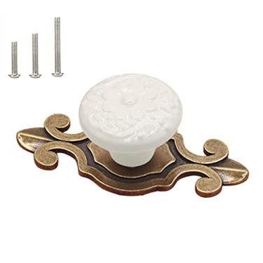 Imagem de HUAMULAN Pacote com 10 puxadores de cerâmica retrô vintage cômoda de cozinha com pétalas de armário puxadores de gaveta, puxador branco com placa traseira de base de bronze