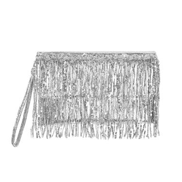 Imagem de Quniko Bolsa de pulso com franjas de lantejoulas para noite com borlas com glitter e envelope clutch para festa de formatura e casamento, Prata, One Size