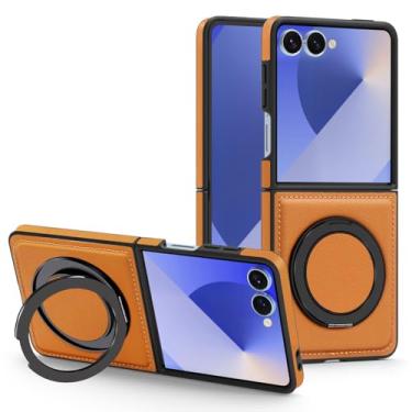 Imagem de Newhalper Capa magnética para Samsung Galaxy Z Flip 7 couro 360 graus giratório anel suporte ajustável à prova de choque capa fina para celular para Samsung Z Flip 7 (marrom)