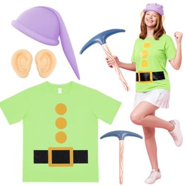 Imagem de Chicingyou Conjunto de fantasia de anão de Halloween, camiseta de anão, chapéu de gnomo, orelhas falsas, picareta para festa, cosplay, acessórios de fantasia de gnomo, Roxo, verde grama, Large
