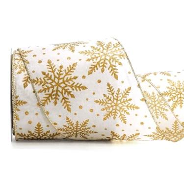 Imagem de ALTIER Lt. Fita dourada com fio de floco de neve de tecido metálico dourado 10 cm x 10 jardas para decoração de casa de Natal, embrulho de presente, guirlanda, artesanato faça você mesmo
