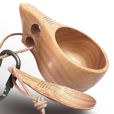 Imagem de yaykabom Nordic Kuksa 355 ml (355 ml) com colher, conjunto de canecas de acampamento de madeira de aderência dupla – Bushcraft de madeira feita para viagens e casa. Controle total de trilhas!