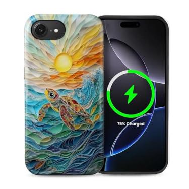 Imagem de Punmada Capa para iPhone 16e para MagSafe, capa rígida híbrida à prova de choque de silicone para iPhone 16e 3D Ocean Turtle Sun Pattern