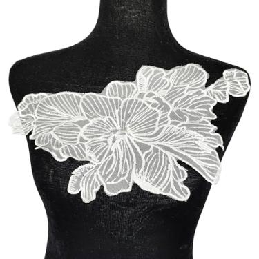 Imagem de Carytalee 2 peças de apliques de tecido de renda vintage flores remendos para costura de roupas, faça você mesmo, artesanato, casamento, vestido de noiva, decoração de renda (branco) 13,3 x 7,8