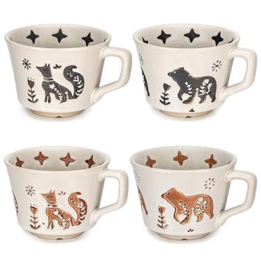 Imagem de LINVIA Caneca de café de cerâmica, 340 g Novidade Xícara de chá exclusiva com alça, xícara de grés para chá Mocha Latte Cappuccino Espresso (conjunto de 4, raposa e urso)