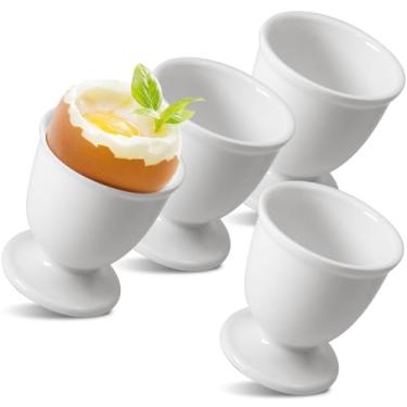 Imagem de Kyuionty Conjunto de 4 copos de cerâmica para ovos, suporte de porcelana branca para ovos cozidos, café da manhã, cozinha/presente, memórias de infância