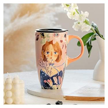 Imagem de Caneca de grande capacidade copo de cerâmica copo de água de escritório pintado à mão com tampa colher para casa menina xícara de café caneca de café (cor: D)