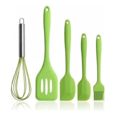 Imagem de Genérico Kit 5 Utensílios de Cozinha em Silicone Grau Alimentício, Espátulas Resistentes ao Calor 230°C, Lavável na Lava-Louças, Manual (Verde)