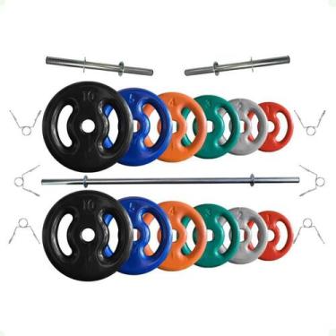 Imagem de Kit de Anilhas Emborrachadas 50 Kg + 02 Barras de 40cm + 01 Barra de 1